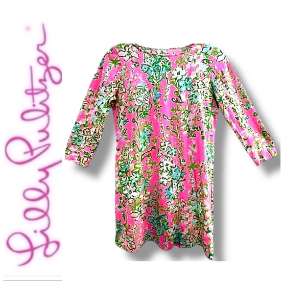 LILLY PULITZER CORAL ORANGE PINK GRAY FLORAL BOATNECK DRESS SZ XL ( 12-14) - Picture 1 of 10